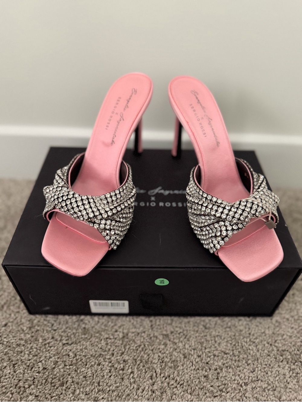Sergio Rossi Pink Crystal Crossover Mule Sandals